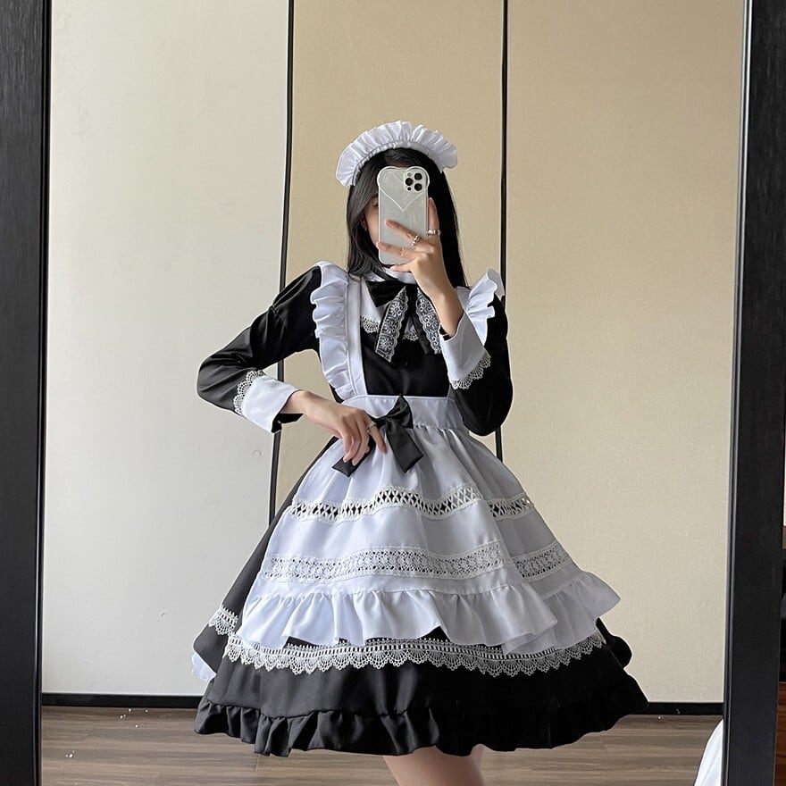 クラシカル メイドワンピース ヴィクトリアン風 黒白フリルエプロン