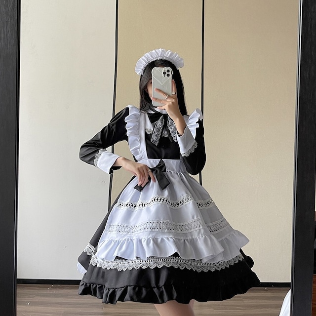 クラシカル メイドワンピース ヴィクトリアン風 黒白フリルエプロン｜WithU