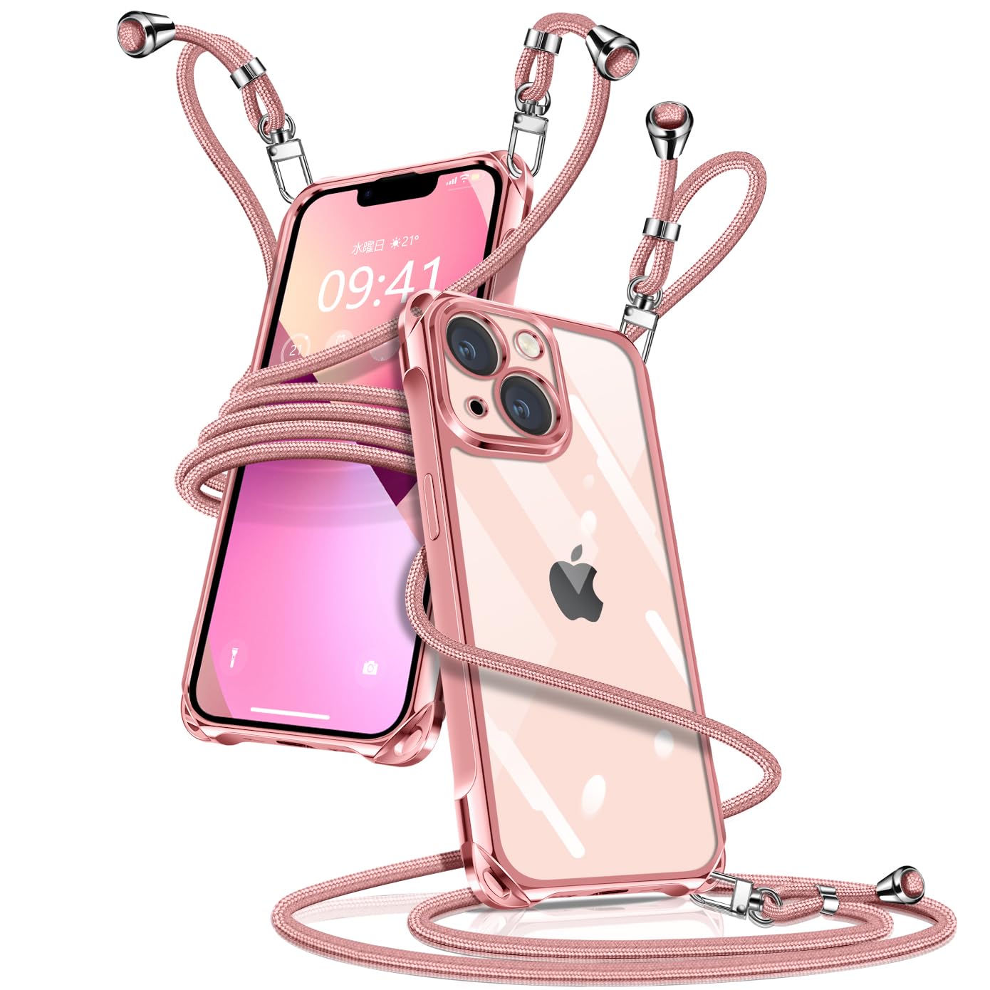iPhone13 mini 向けの ケース クリア ショルダー アイフォン13mini カバー(ローズゴールド)