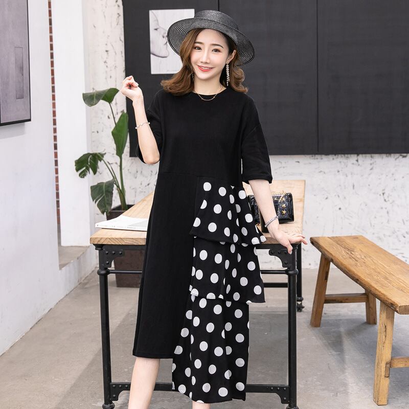 【新作】【送料無料】 新しいファッションの不規則な波のドットの戦いの緩い中型および長いサイズのマタニティドレスのマタニティウェア2019夏バージョン-アリババ ロング サマー 夏物 expec252574196114