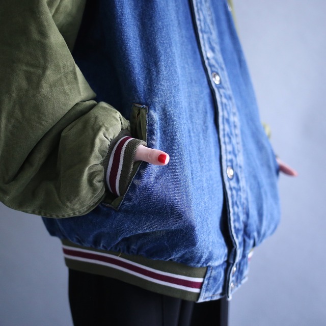 "STARTER" bi-color sleeve switching design over silhouette denim blouson