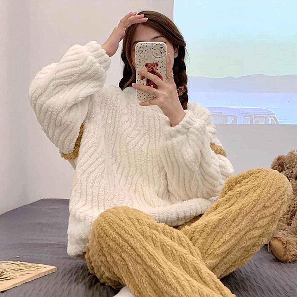 フリース パジャマ 上下セット レディース 秋冬 セットアップ 韓国 おしゃれ 大人 かわいい 軽い 暖かい 防寒 保温 もこもこ ふわふわ ボアパジャマ 大人可愛い 大人女子