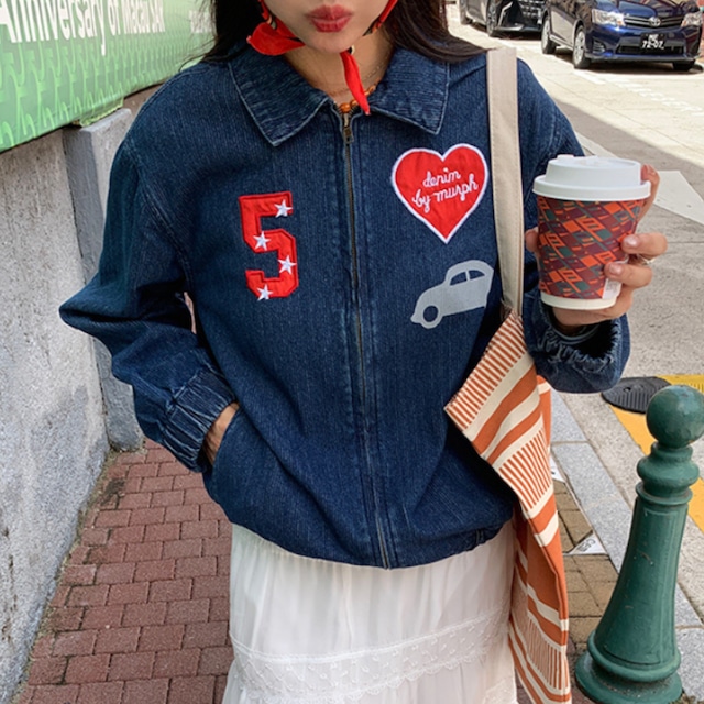 embroidered denim zip-up jacket J00111