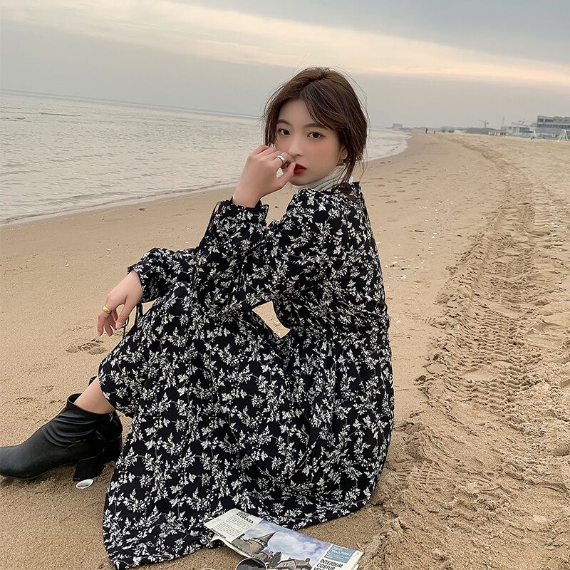 オータムフローラルドレス 秋物 花柄 スカート HUCHUJING27826735826