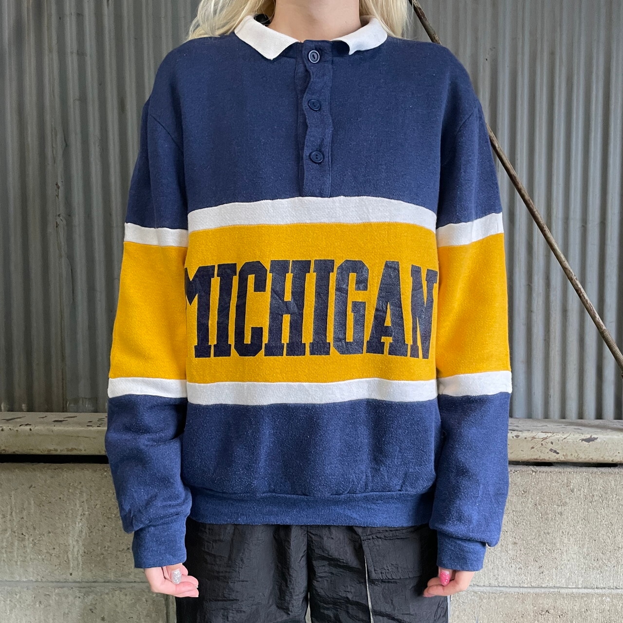 90年代 USA製 MICHIGAN カレッジロゴ プリント スウェットポロシャツ 