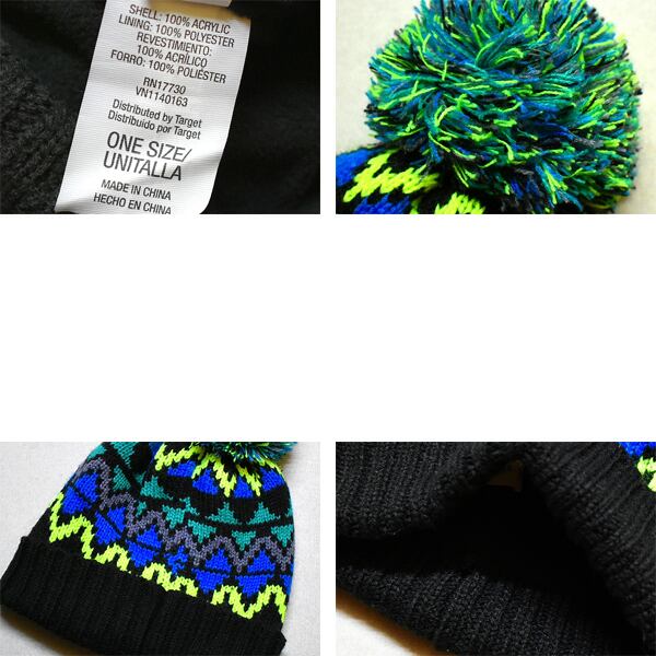 1点物◇黒×蛍光色柄物ボンボン付ニットキャップ古着メンズレディースOK