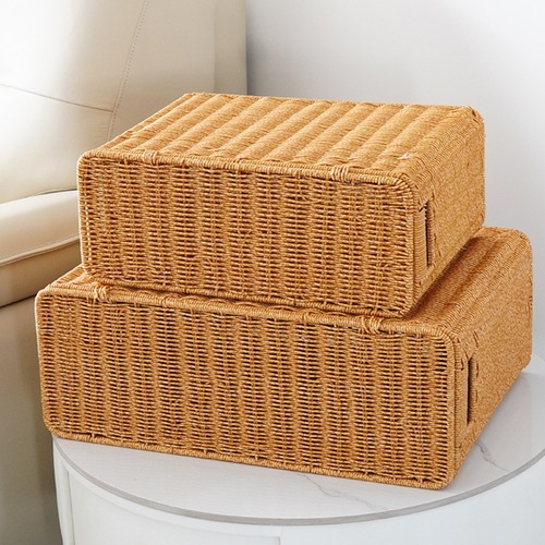 収納ボックス 大型 縦長 細長い 幅18cm コーナー収納 隙間収納 カバー付き 蓋付き 狭額縁 雑誌 ラタン バスケット 衣類収納 コスメ収納  編みバスケット ボックス ナチュラル ミニマリスト リビングルーム インテリア おしゃれ 可愛い ライトブラウン