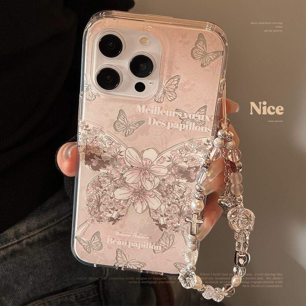 iPhone15対応】品よく華やぐバタフライ◎ 美しい 蝶々×バラ ビーズ