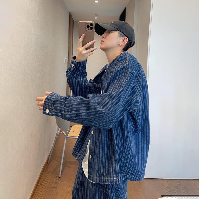 dannyandzeeウォッシュノーカラー縦縞デニムジャケット | mblueshop