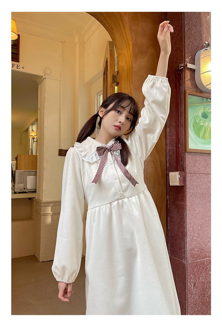 白 ガーリー 制服 スクール ワンピース ガーリー 丸襟 リボン