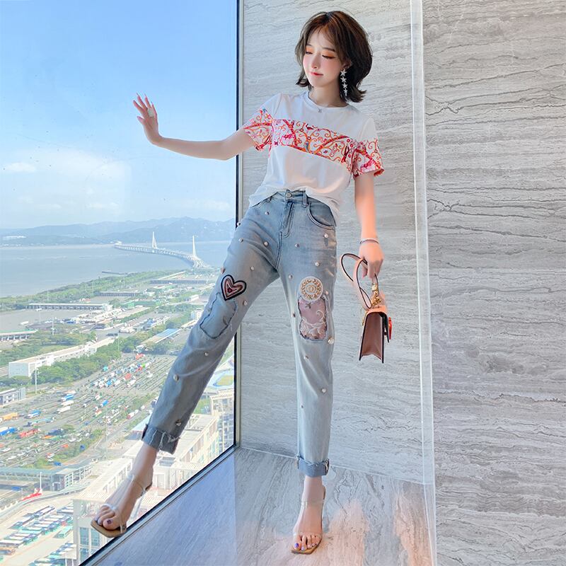 プリントラウンドネックTシャツ 刺繍ジーンズ サマースタイル 夏物 Oネック ステッチ MIUCO66718183370