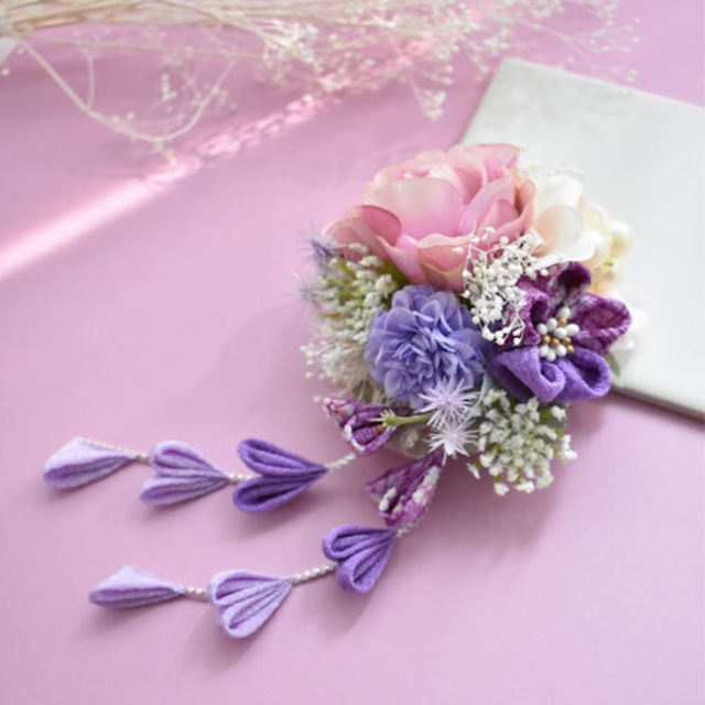 【一点もの】　つまみ細工髪飾り　紫苑