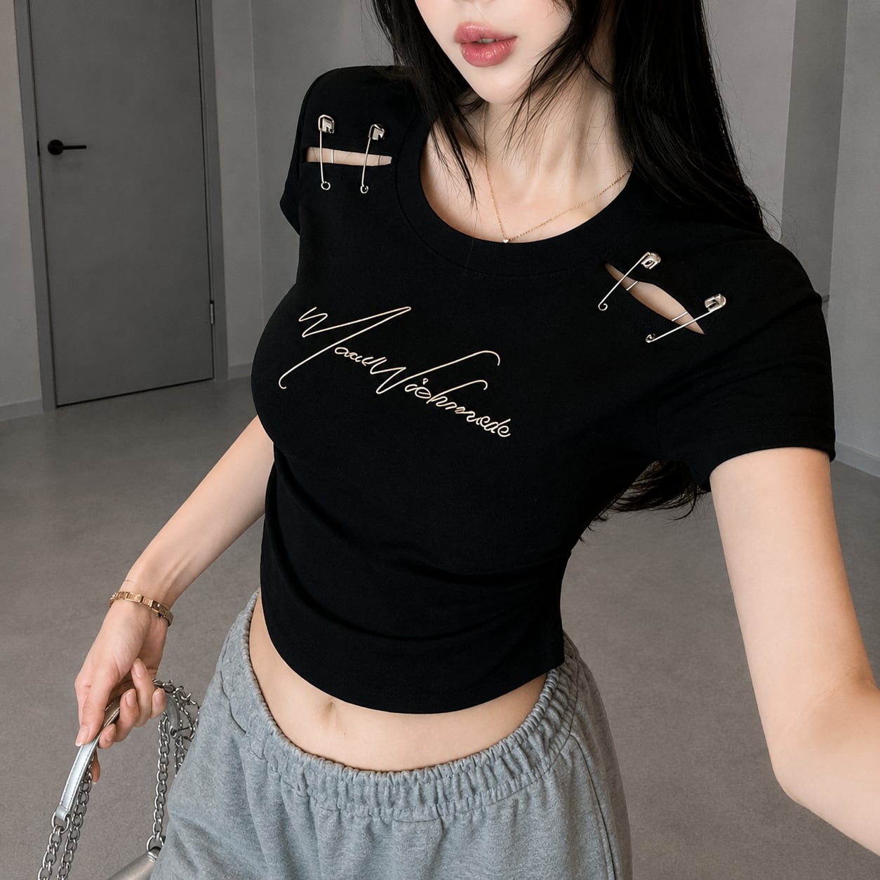 cutout pin cropped tops / l0593