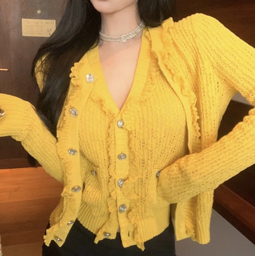 【2点セット】2色／ノースリーブボタントップス＋透かし編みカーデ ・12075