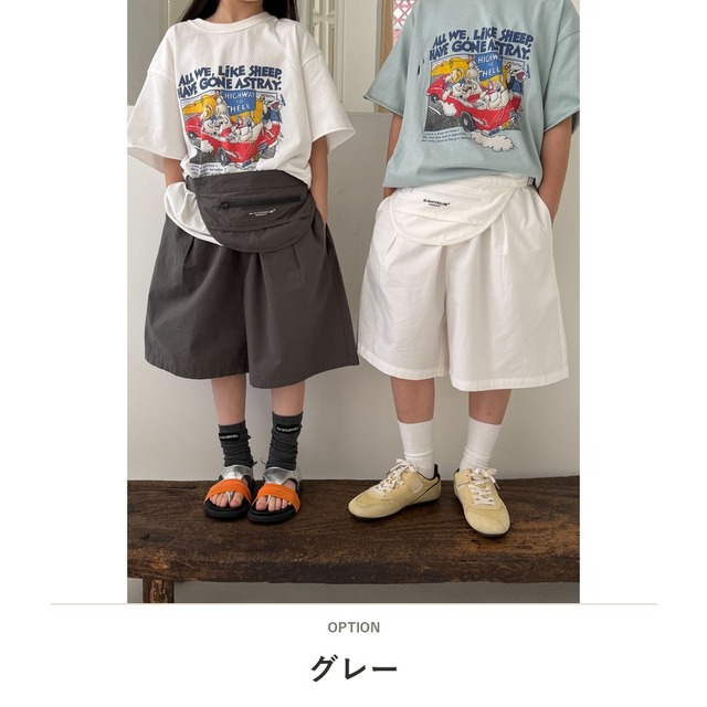 【KID】ゆったりワイドシルエット無地パニーニハーフパンツ - 2