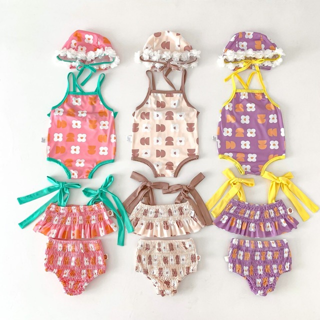 ,ベビー女の子フラワー水着　スイムウエア　ワンピース　セパレート　ビキニ　フリルキャップ付き　lwb0080