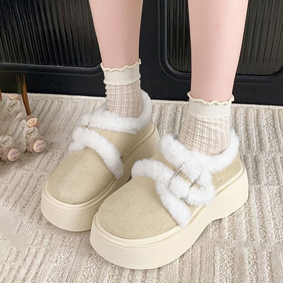 ムートン シューズ 厚底 もこもこ ふわふわ レディース 秋冬 韓国 暖かい 裏起毛 大人 かわいい きれいめ ファーブーツ ショートブーツ フェミニン ガーリー 大人可愛い 大人女子