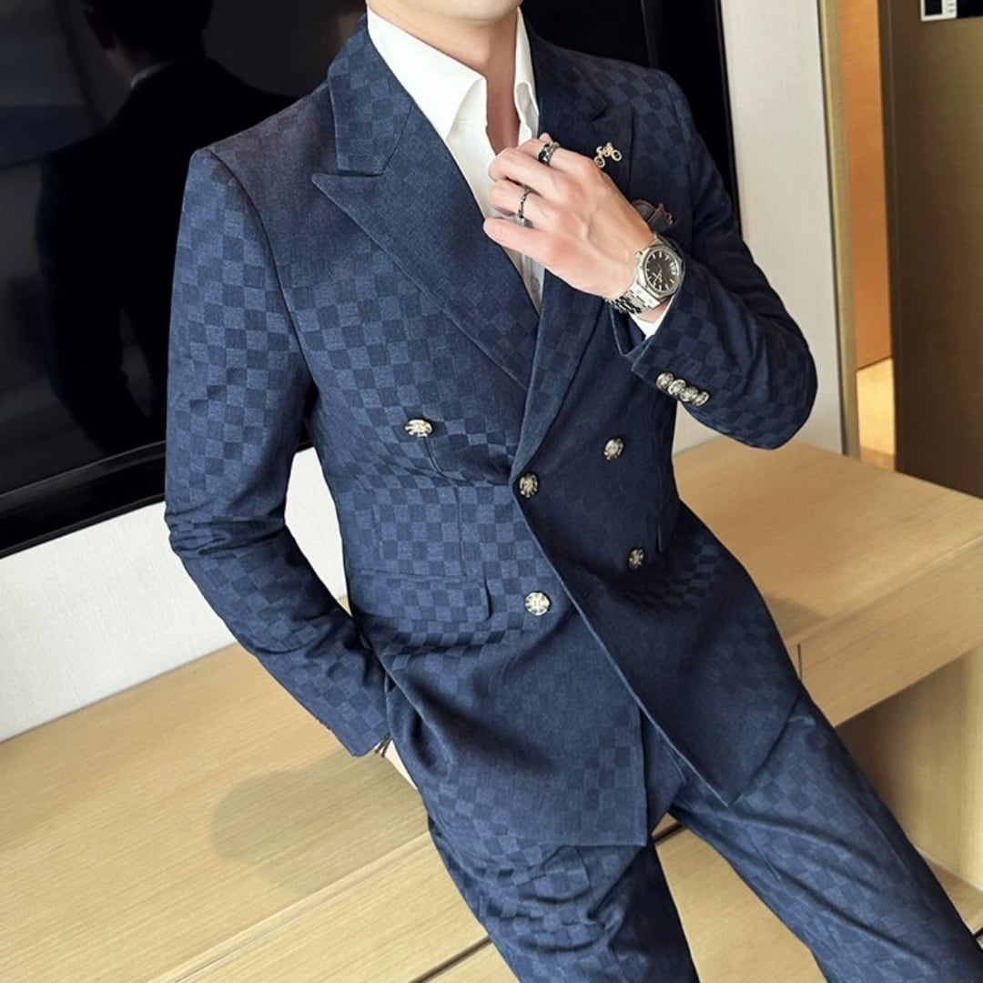 ブロックチェック柄 ダブルブレストスーツ スリーピース 6カラー A2399
