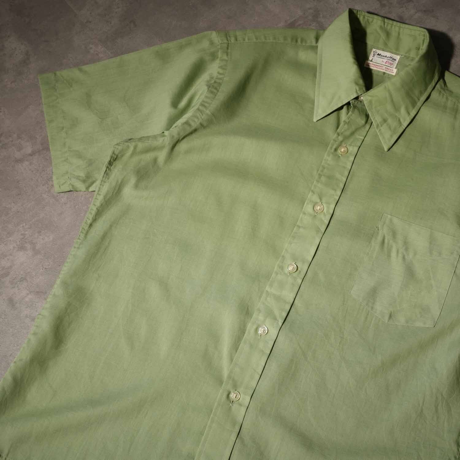 70s USA製 Manhattan 半袖シャツ ピスタチオグリーン コーデルポリ混