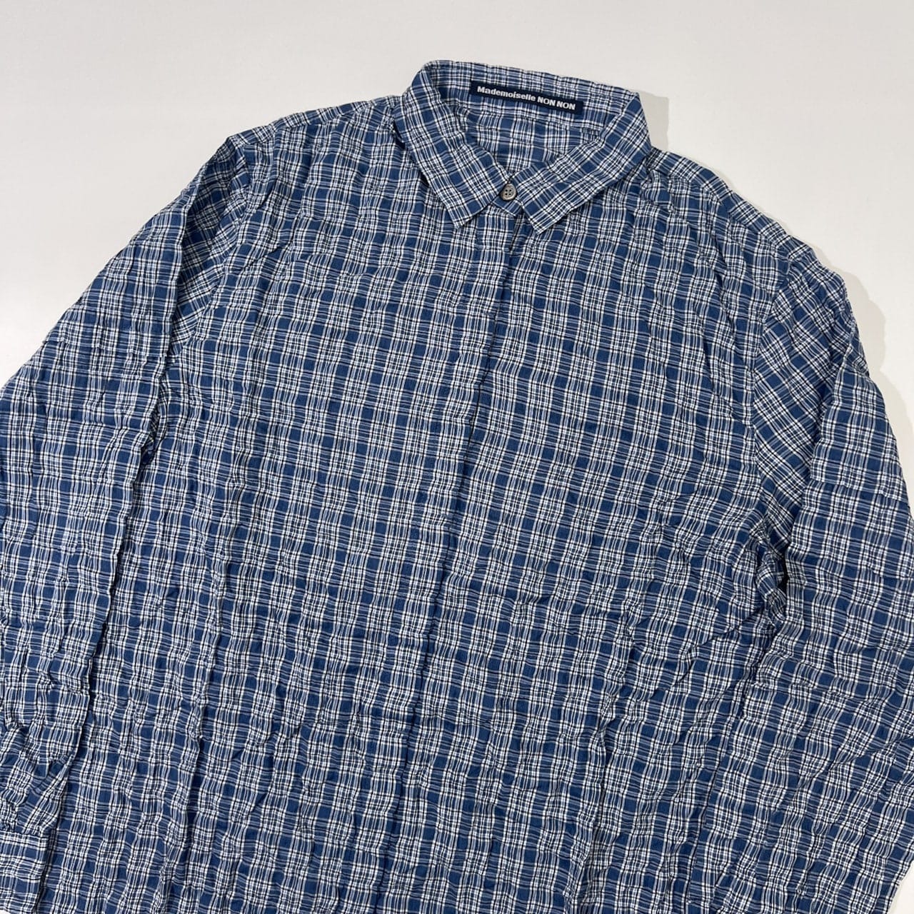Mademoiselle NON NON マドモアゼルノンノン シワ加工 チェック柄 長袖シャツ M/ネイビー/薄手/比翼