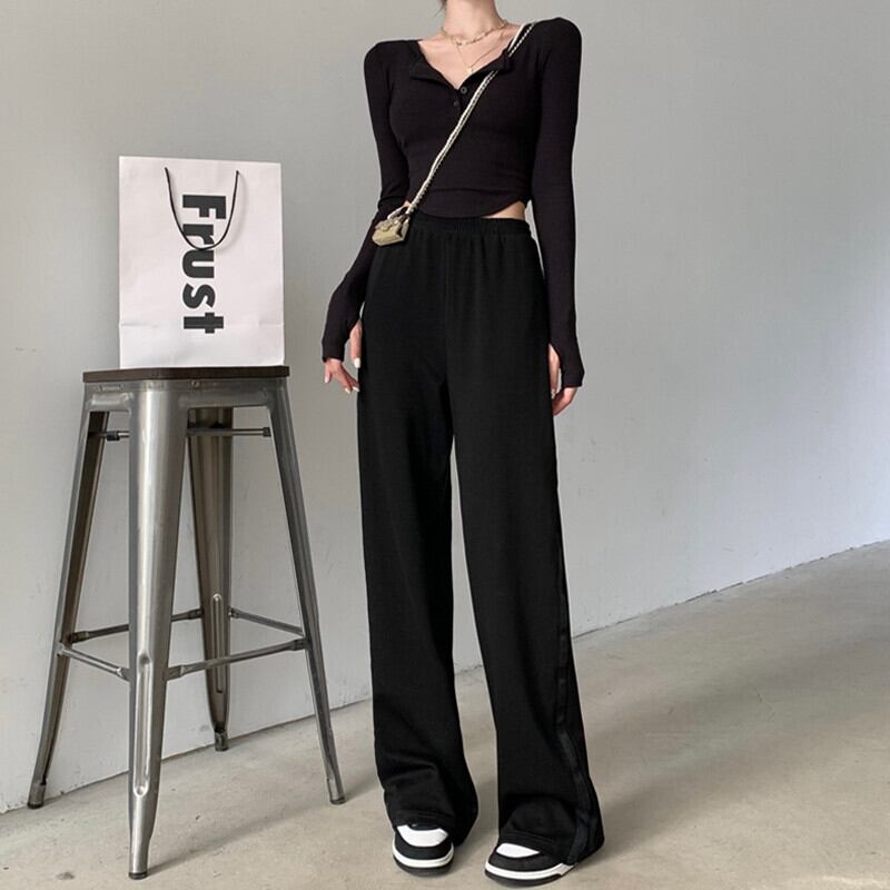 ブラックカジュアルパンツ ハイウェストオータムルーズ薄手 秋物 ガールズファッション24845389097