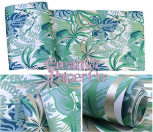 フォレストグリーン × ゴールド  Rainforest leaf botanical FL1-778901MT for DIY 53㎝×10m リピート64㎝