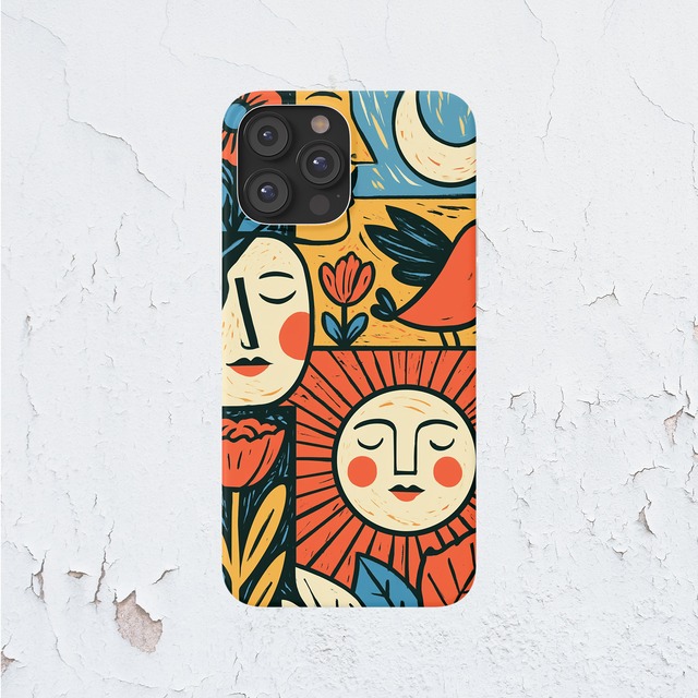 受注生産 iPhoneケース 太陽と人物顔の民芸柄｜フォークアート FMSY066A