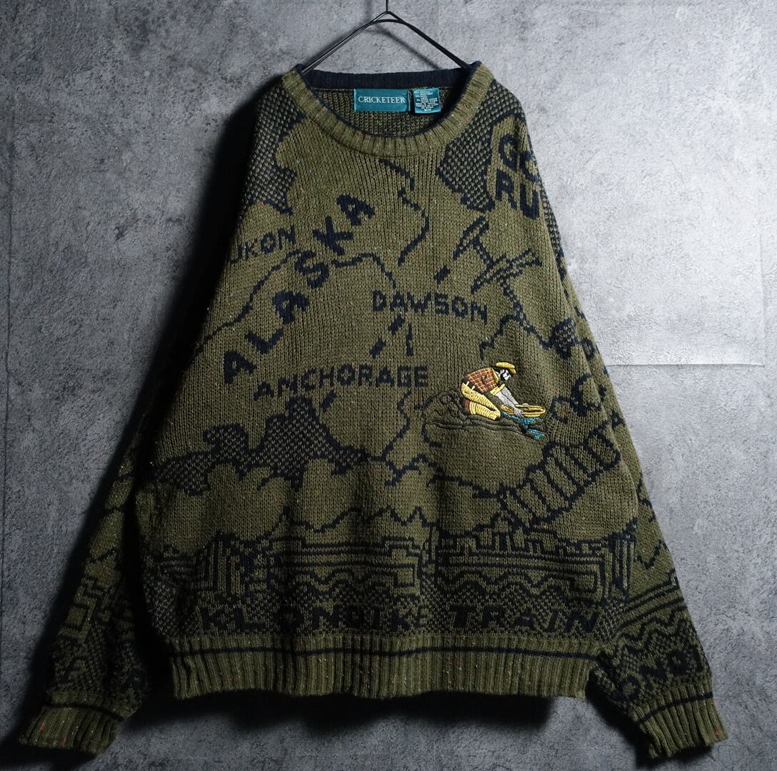 “CRICKETER” Green Map Pattern & Embroidery Design Knit