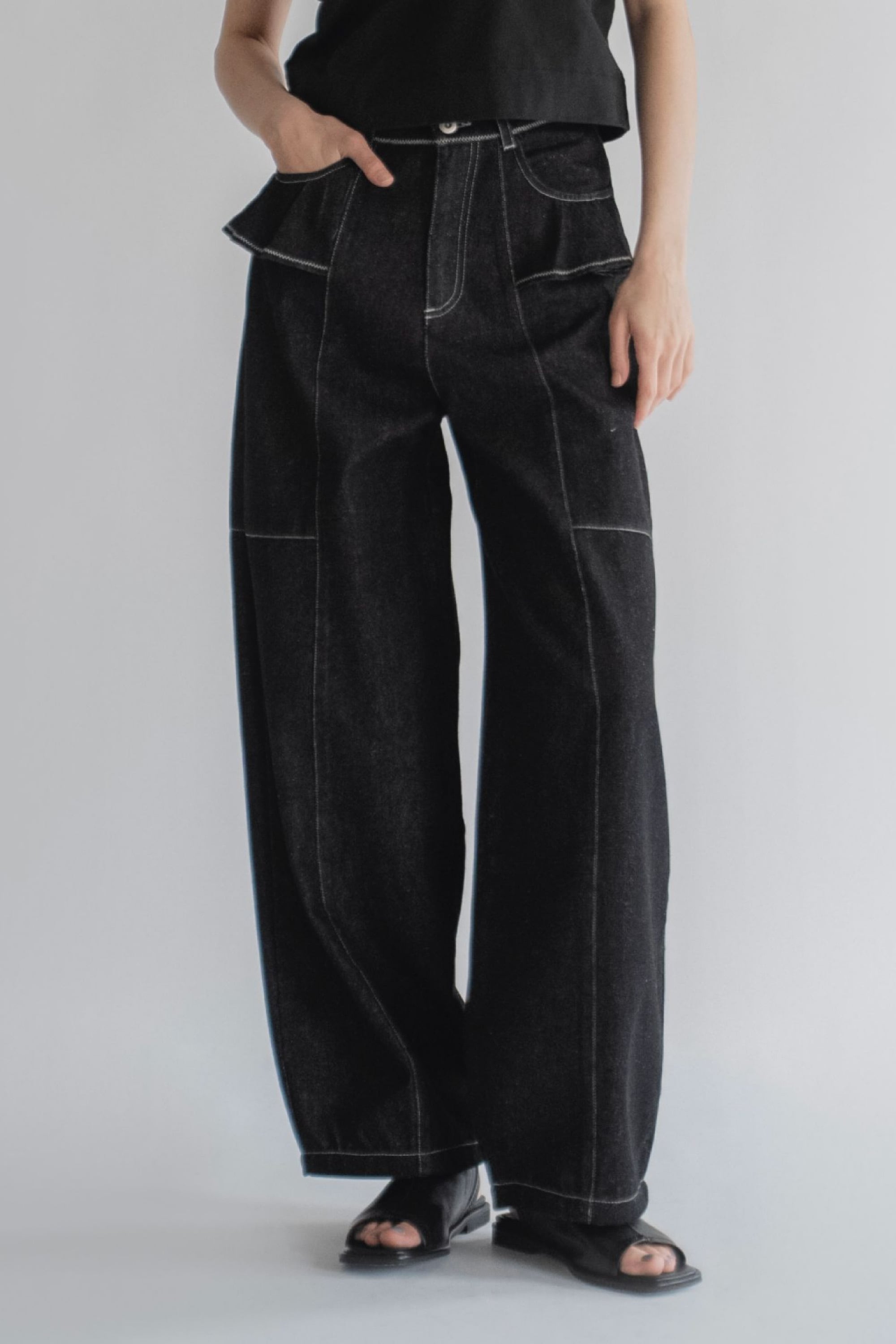 WILLFULLY frill pocket center seam bi color stitch denim フリルポケットセンターシームカラーステッチデニム Black