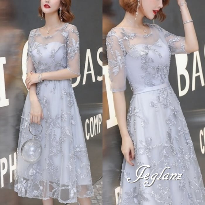 パーティドレス ワンピース 背中 編み上げ 肌透け リーフ モチーフ ♪ (Z1369)ζ