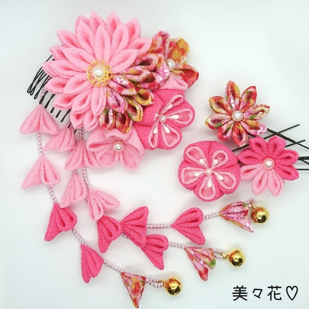 24 ピンク×紫 かわいい つまみ細工髪飾り｡+☆ | つまみ細工店『美々花』