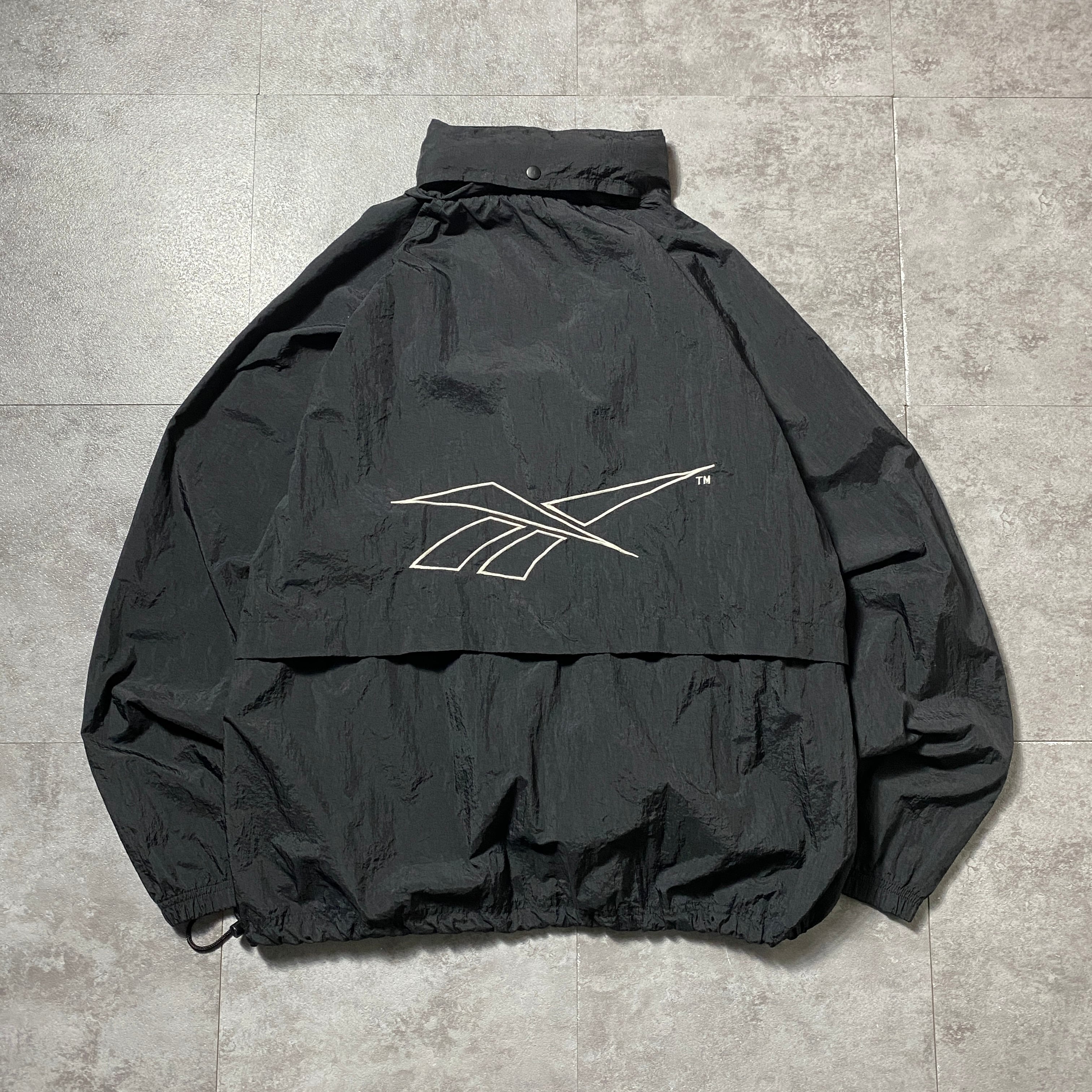 90's Reebok リーボック 刺繍両面ロゴ 薄手 ブラック フード格納