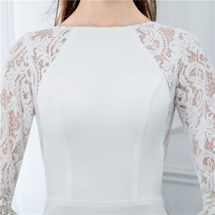 ウエディングドレス ホワイト 光沢サテン シースルー袖