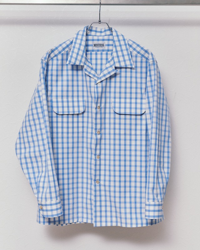 【新品】MINTENS 1960s vintage cotton shirts made in Italy fabrics made in JAPAN／ イタリア製  ヴィンテージ生地 コットン オープンカラー シャツ ギンガムチェック ブルー オリジナルブランド 1960年代シルエット サイズ①（実寸16程度）、サイズ②（実寸17H程度）