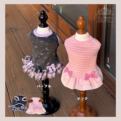 予約【№B07495】小花柄×ギンガムチェック　ストライプ×無地　ワンピ（2カラー）