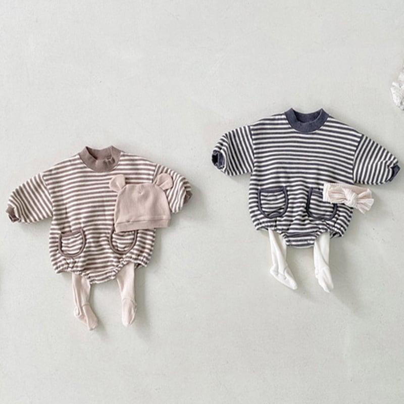 【BABY】韓国風 ボーダーポケット付きロンパース