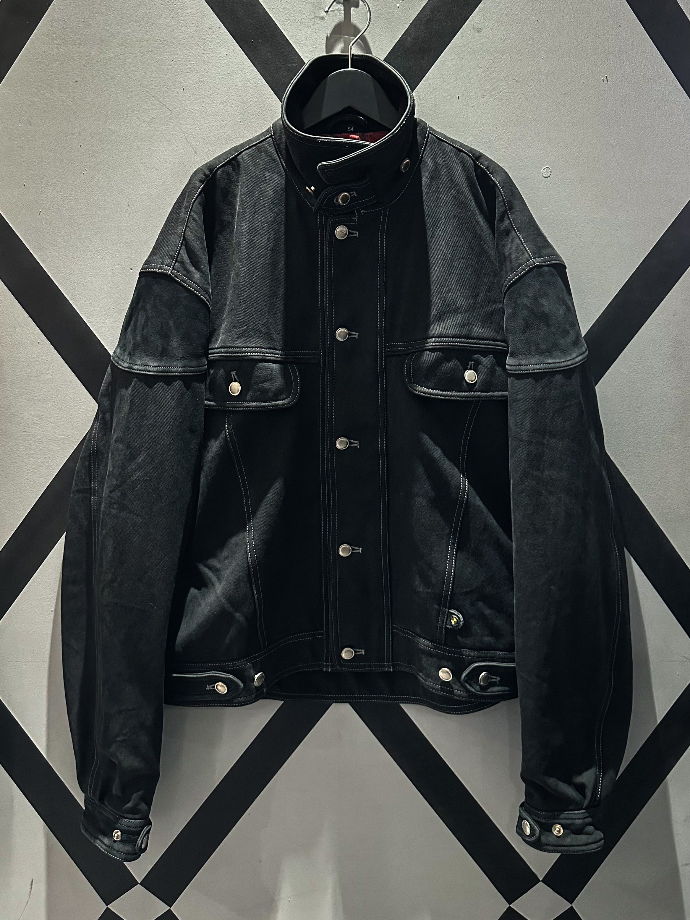 X VINTAGE】Leather Swiching Vintage Loose Black Denim Jacket 