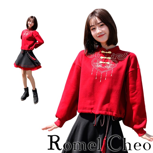 お支払い確認後日以内発送 Romelcheo モダン チャイニーズ フリース チャイナシャツ トップス 中華柄 チャイナ風 服 カットソー 赤 アジアン エスニックス 原宿系 青文字系 ガーリー 大人可愛い カジュアル ファッション 森ガール 漢服 普段着 ロメルチェオ Romelcheo