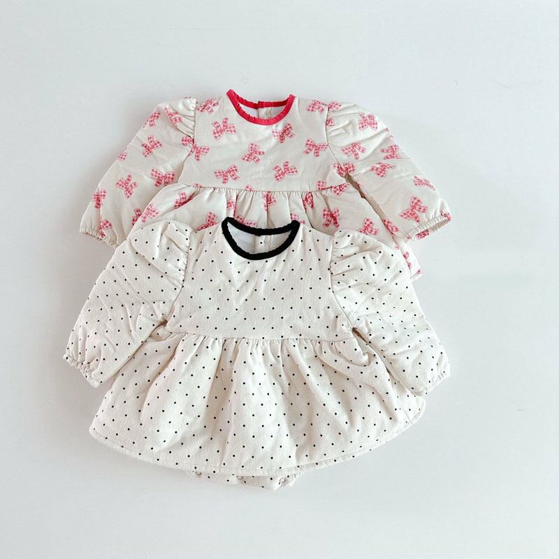 【BABY】韓国風ドット、蝶結びワンピース風ロンパース