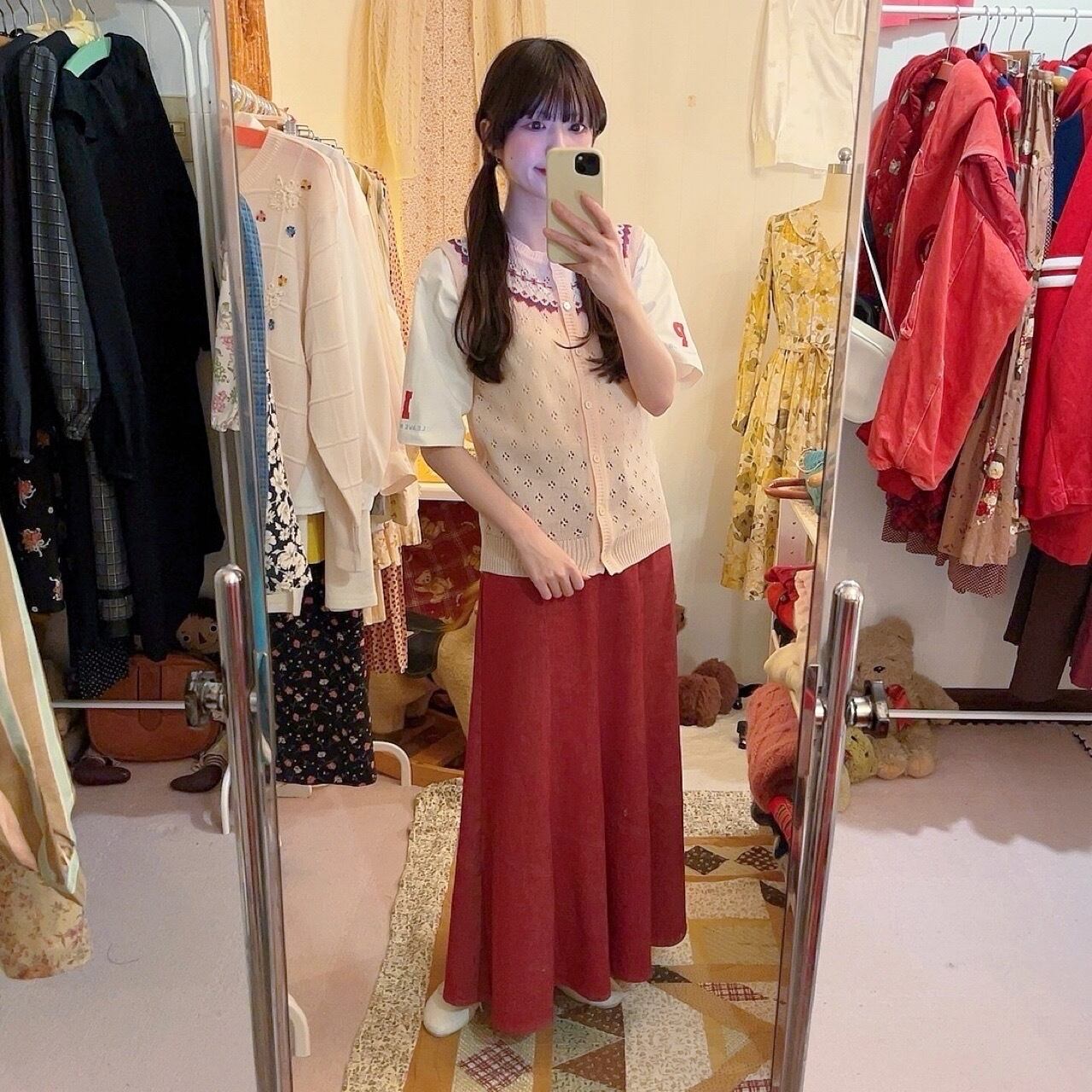 red denim seams flare skirt