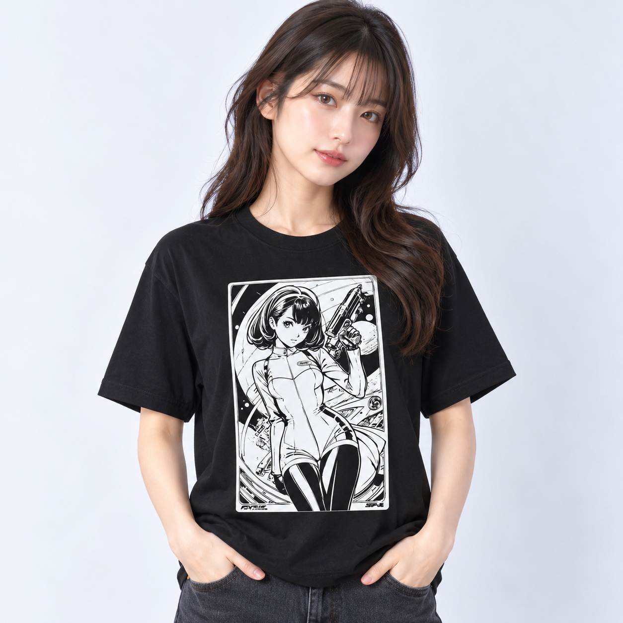 アニメグラフィック Tシャツ 2XL 全5色/XXL] レトロSF アニメ風 女性イラスト 黒Tシャツ メカ