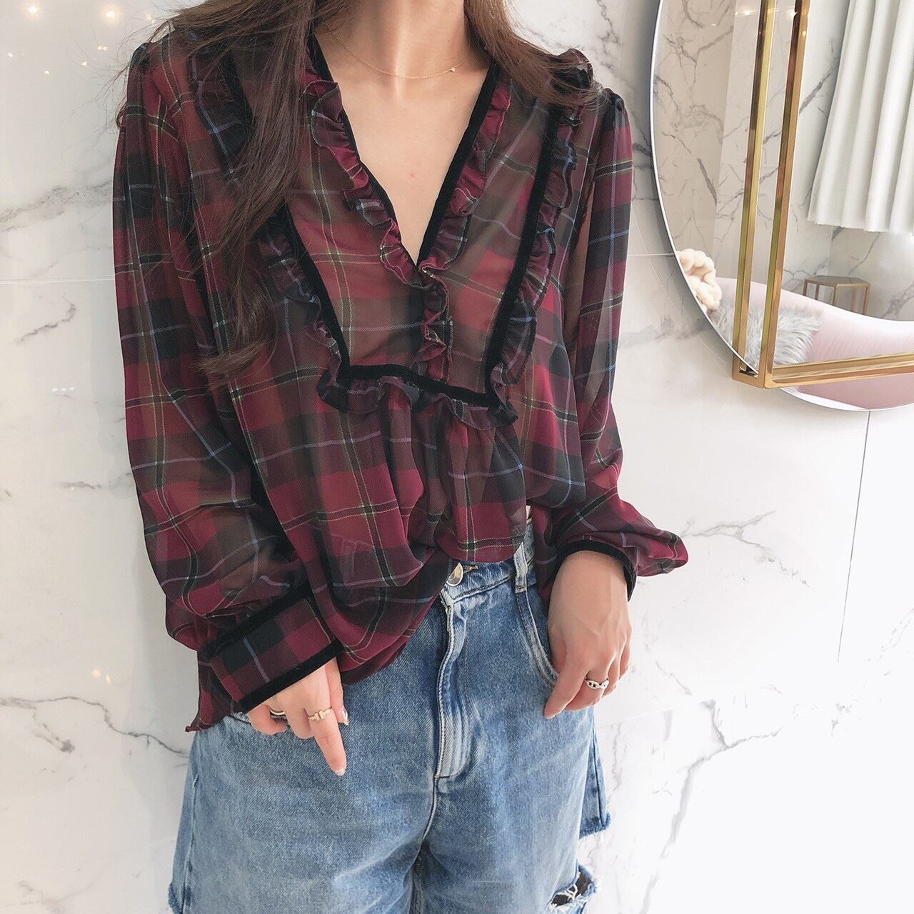 Check blouse /wine (11月下旬頃発送予定)