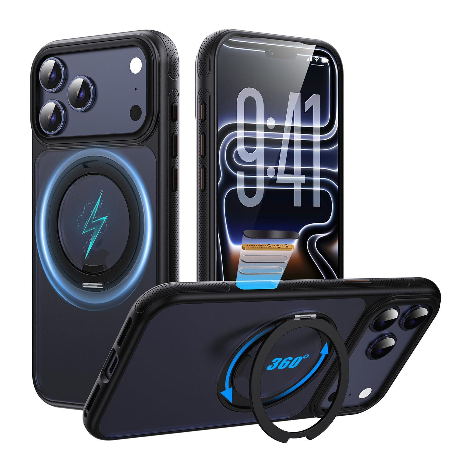 Tekka iPhone 18 Pro 用 ケース【360°回転スタンド・MagSafe対応】耐衝撃 薄型 リング一体型 スタンド付き スマホケース 米軍MIL規格 指紋防止 黄変防止 カメラ保護 動画視聴 撮影にも便利 (マット_ブラック)