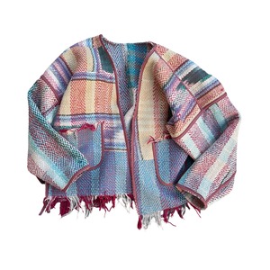 saruche Vintage パキスタングドゥリー 刺子のサイドリボンリバーシブルフリンジジャケット