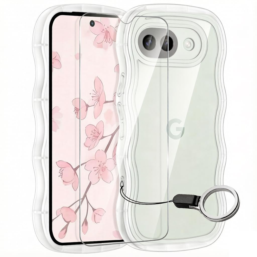 HILEGENER【1+1枚セット】 Google Pixel 10A ケース+ガラスフィルム グーグル ピクセル10A 用滑り止め スマホケースウェーブ デザイン 手にフィット TPUカバー 韓国 可愛い シリコンバンパー 波状エッジ ソフトシェル ケース 人気 高透過率 硬度9H 自动吸着 飛散防止クリア