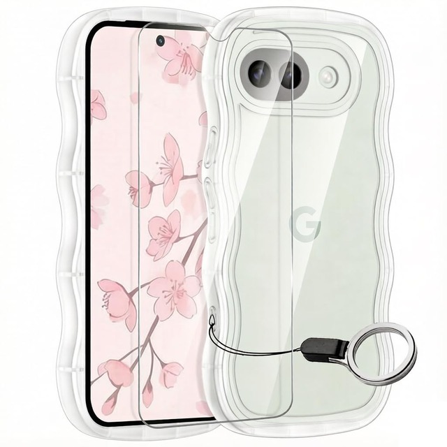 HILEGENER【1+1枚セット】 Google Pixel 10A ケース+ガラスフィルム グーグル ピクセル10A 用滑り止め スマホケースウェーブ デザイン 手にフィット TPUカバー 韓国 可愛い シリコンバンパー 波状エッジ ソフトシェル ケース 人気 高透過率 硬度9H 自动吸着 飛散防止クリア