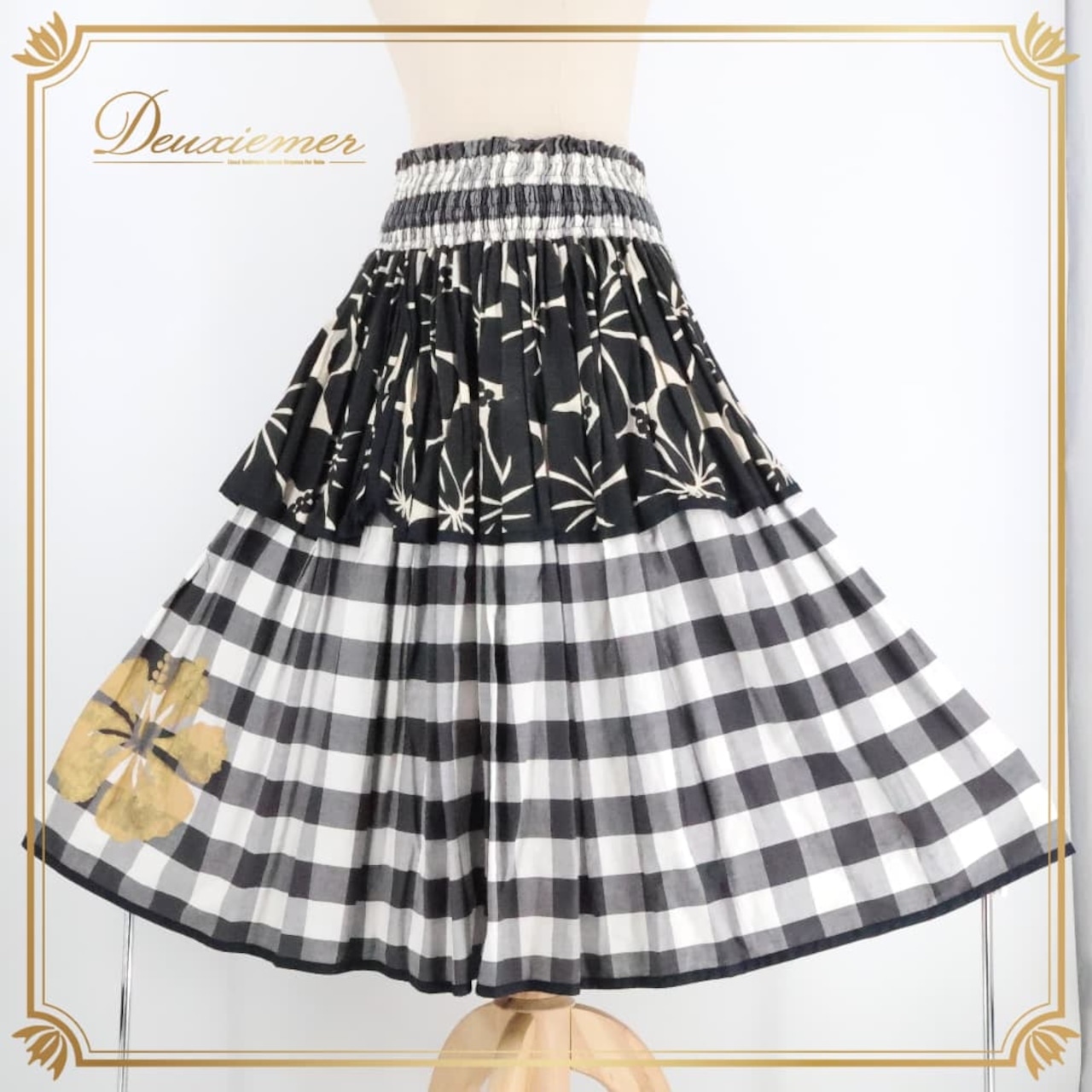 フラダンス 衣装 パウスカート ブラック系 チェック柄 ハイビスカス柄 ワンポイント シングル シンプル かわいい 華やか 鮮やか 明るい 黒 白 金 ハワイアン アロハ ハワイアンプリント フラ ダンス レッスン 練習 ホワイト系 グレイ系 ゴールド系