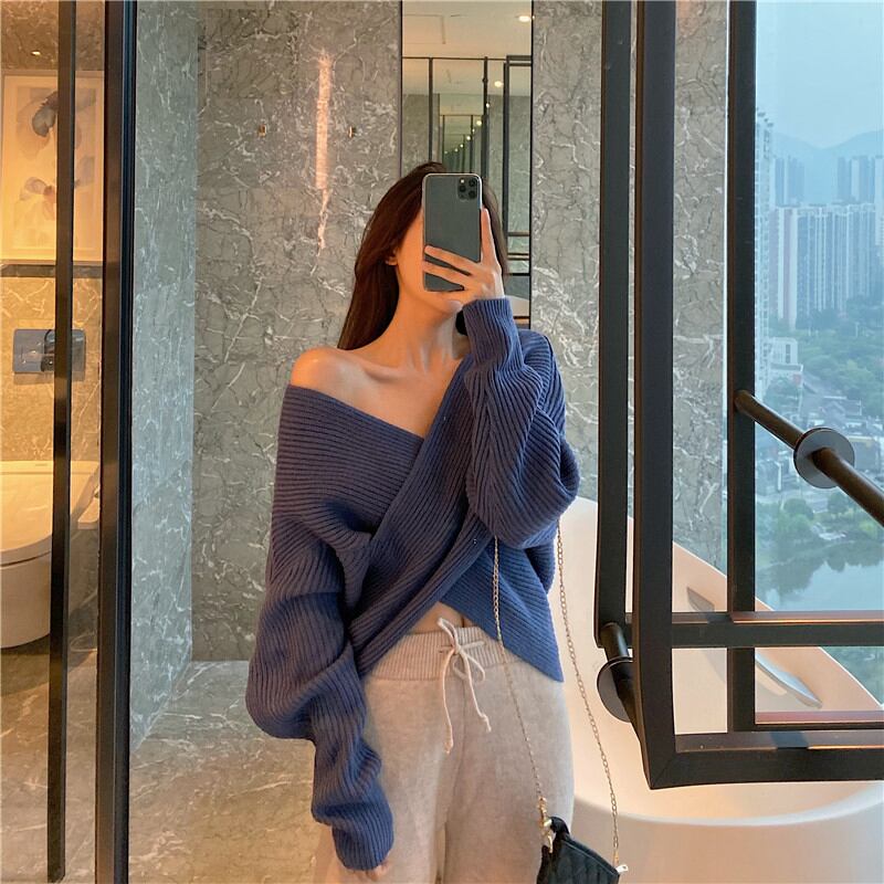 セーター クロスVネックスリムニットスプリングブラックシャツ トップス 春物 ブラックストロベリース13485231899