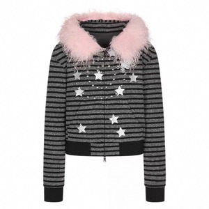 [BETWEENAND] Striped Sparkling Star Pink Fur Hoodie