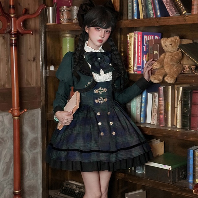 森ガール風 クラシカルロリィタ 5点セット 英国風 ミニスカート ジャンパースカート ショートジャケット チェック柄 PUJI